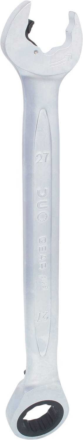 Ein silberner Gabelschlüssel mit Ratschenfunktion, markiert mit Größenangaben, aufrecht stehend. Geeignet für verschiedene Schraubarbeiten.
