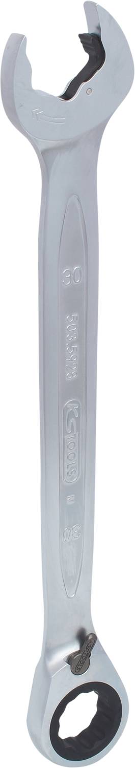 Ein silberner Steckschlüssel mit offener und geschlossener Seite, verwendet für verschiedene Schraubgrößen in Reparaturarbeiten.