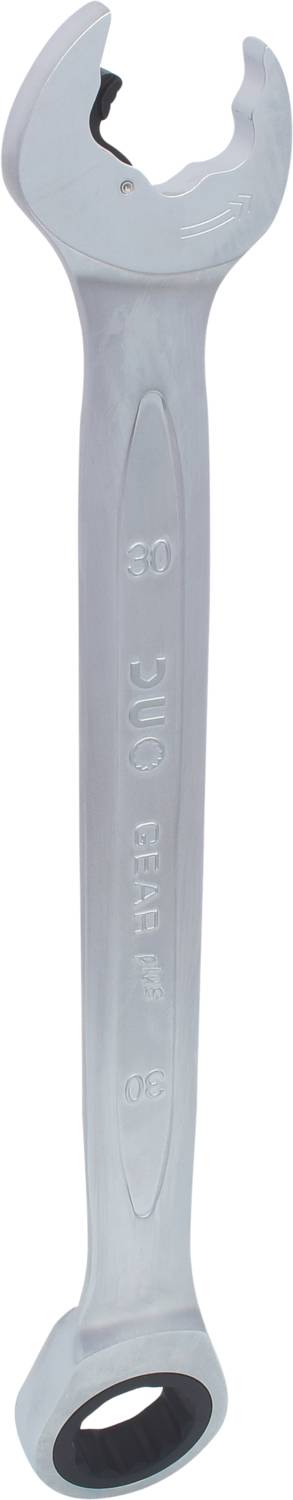 Ein silberner Gabel- und Ringschlüssel aus Metall, mit einer Größe von 18 mm, für Schraubarbeiten.