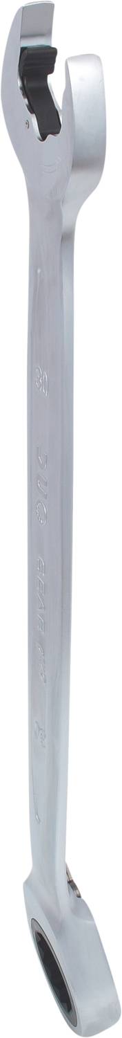 Ein silberner Ringschlüssel mit einem offenen und einem geschlossenen Ende, typisches Werkzeug für mechanische Arbeiten.