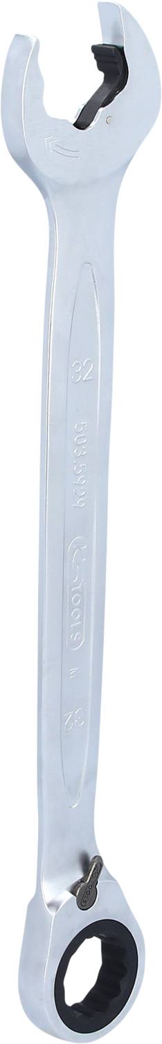 Ein silberner Maulschlüssel mit einer offenen und einer ratschenförmigen Seite, geeignet zum Festziehen und Lösen von Schrauben.