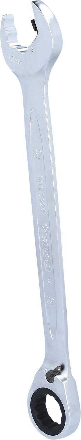 Ein silberner Ringmaulschlüssel, der aufrecht steht. Oben befindet sich ein offenes Ende, unten ein Ratschenring zur flexiblen Nutzung.