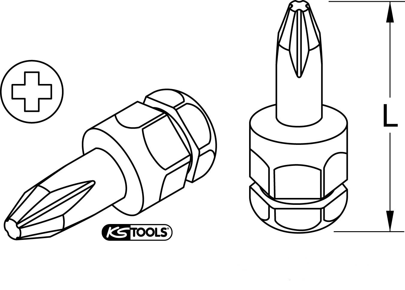 Kreuzschlitz-Bithalter, KS Tools. Zwei Ansichten: schräg oben links und seitlich rechts. Symbol für Kreuzschlitzschraube.