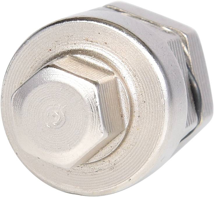 Sechskantschraube aus Metall mit silbernem Finish, in Nahaufnahme.