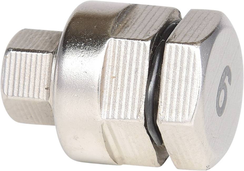 Metallischer Bolzen mit Sechskantkopf und Gewinde, linke Seite mit schwarzem Dichtring versehen.