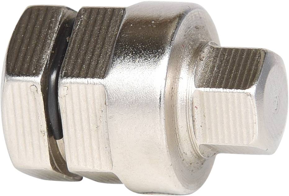 Metallischer Adapter mit sechseckigem Kopf und geriffelten Seiten, vermutlich für mechanische Verbindungen oder Werkzeuge.