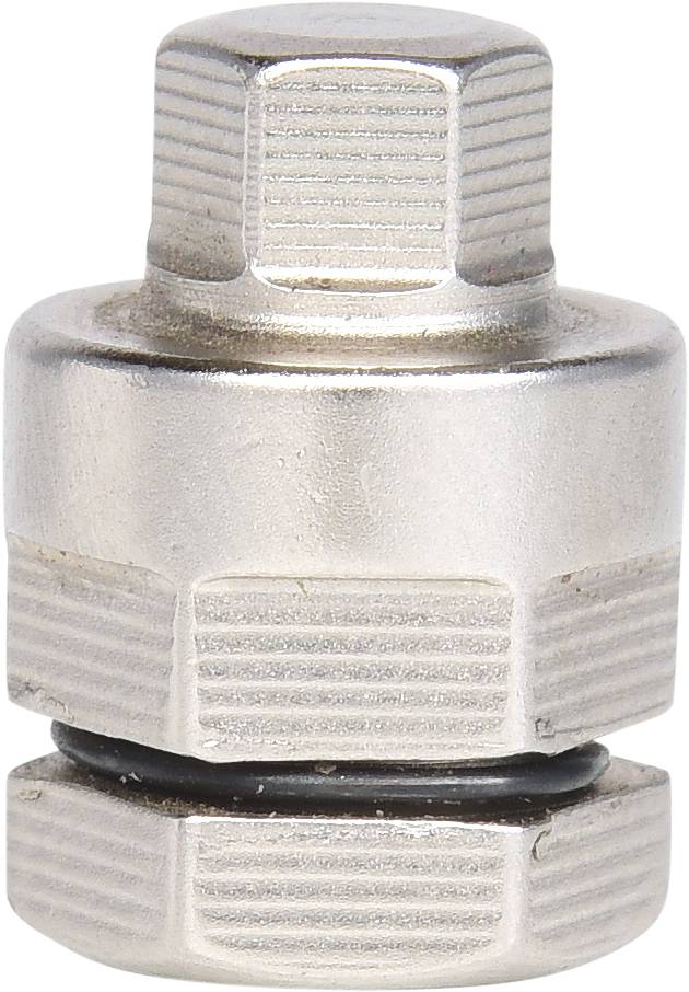 Metall-Schraubverbinder mit sechseckigem Kopf und gummierter Dichtung, vertikal positioniert.
