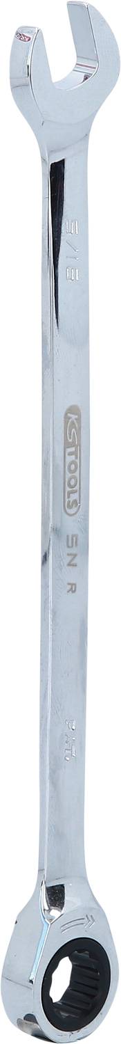 Ein silberner Gabelschlüssel mit zwei unterschiedlichen Enden: ein offenes Ende für Muttern und ein Ringmaul für Schrauben, glänzend und metallisch.