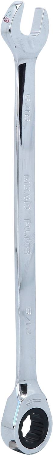 Ein silberner Schraubenschlüssel mit offenen und ringförmigen Enden; schlankes Design für vielseitige Anwendungen in der Mechanik.