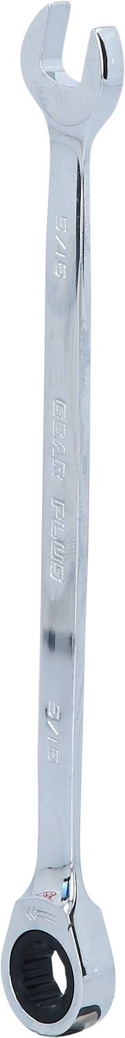 Ein verstellbarer Maulschlüssel mit einer offenen und einer Ratschenringseite, aus glänzendem Metall, aufrecht stehend dargestellt.