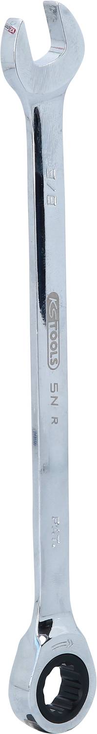 Ein silberner Ringmaulschlüssel mit offenem Ende und Ratsche, zweiseitig verwendbar, geeignet zum Anziehen oder Lösen von Muttern und Schrauben.