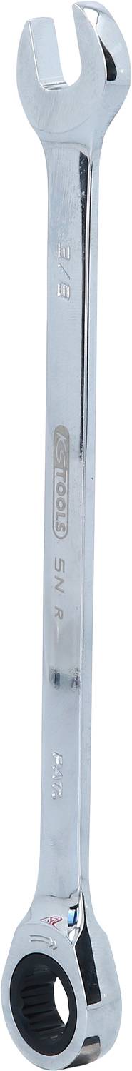 Doppelseitiger Schraubenschlüssel aus Metall, eine Seite offen, die andere mit Ratschenmechanismus. Aufdruck: Größe und Herstellername.