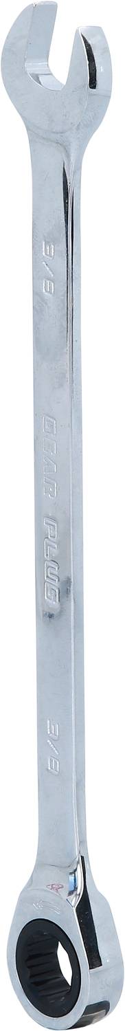 Ein silberner Metall-Gabelschlüssel mit zwei Enden: ein offenes und ein Ringende. Wird zum Anziehen oder Lösen von Schrauben verwendet.