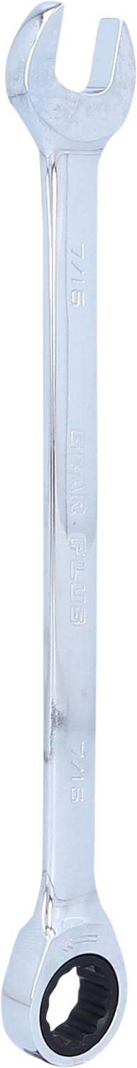 Ein silberner Schraubenschlüssel mit einer offenen und einer ringförmigen Seite.