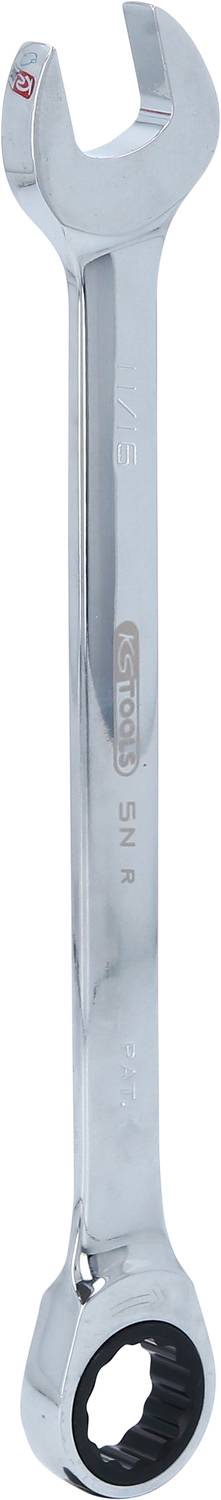 Ein silberner Schraubenschlüssel mit offener und ringförmiger Seite, geeignet für unterschiedliche Schraubengrößen.