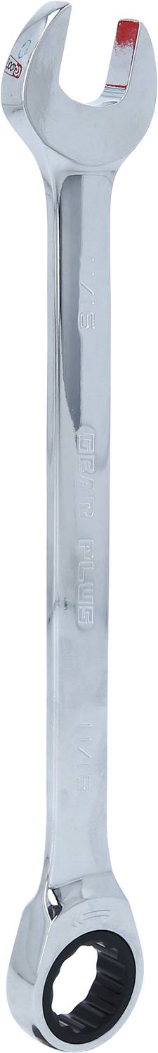 Ein silberner Gabel-Ringschlüssel, der sowohl offene als auch geschlossene Schraubenschlüsselköpfe hat, wird dargestellt.