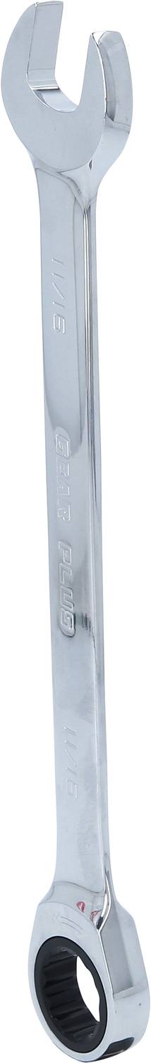 Ein silberner Ringschlüssel aus Metall mit offener und geschlossener Seite, verwendet zum Festziehen und Lösen von Muttern und Schrauben.