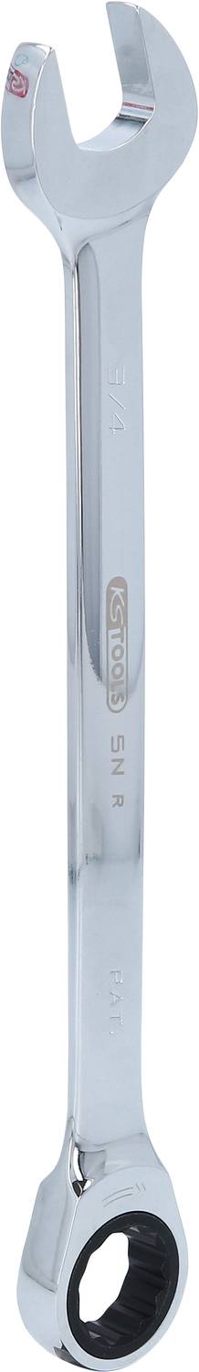 Ein silberner Ringschlüssel mit offener und geschlossener Seite. Die geschlossene Seite hat ein gezahntes Profil, das Grip bietet.