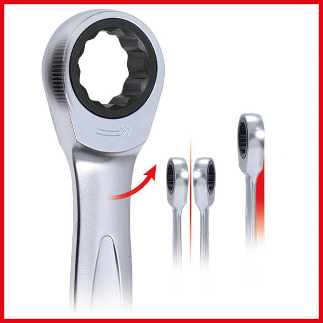 Ratschenringschlüssel mit Pfeil, der auf seine flexible Richtung hinweist. Drei Größen gezeigt. Silberne Oberfläche. Tool-Illustration.