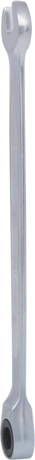Ein silberner Ringschlüssel mit abgewinkeltem Ende, geeignet zum Lösen und Anziehen von Schrauben oder Muttern.
