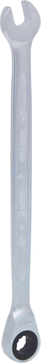 Ein silberner Schraubenschlüssel mit offenem und Ringschlüssel-Ende, aufrecht stehend, verwendet für Schraubarbeiten.