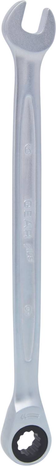 Ein silberner Schraubenschlüssel mit offener und ringförmiger Seite, geeignet für verschiedene Größen von Schrauben oder Muttern.