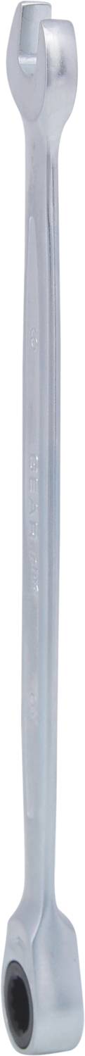 Ein langer, silberner Schraubenschlüssel mit einer offenen und einer geschlossenen Seite, im Stehen abgebildet.