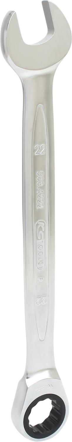 Ein silberner Ratschen-Ringschlüssel mit offener und geschlossener Seite. Die Größe '22' ist auf der Oberfläche eingeprägt.