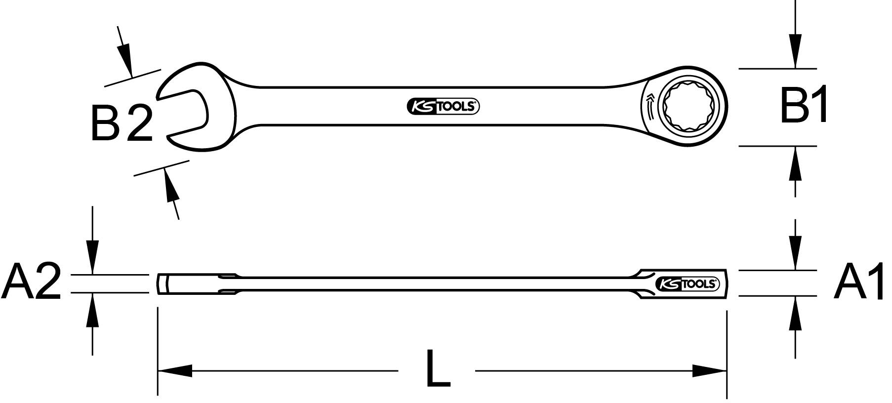 Abbildung eines Ringschlüssels mit Maße A1, A2, B1, B2 und L gekennzeichnet. Markenname 'KS Tools' auf dem Werkzeug sichtbar.