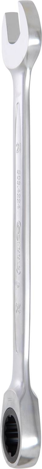 Ein silberner Ringmaulschlüssel mit einem offenen Maul an einem Ende und einem ringförmigen Ende. Gerichtet nach oben.