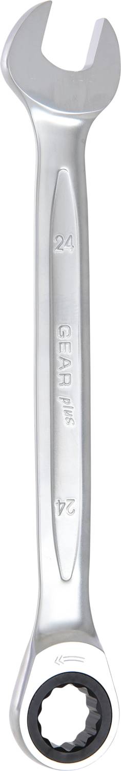 Ein silberner Ringmaulschlüssel mit offenem und Ratschenschlüsselende, geeignet für diverse Reparatur- und Montagearbeiten.