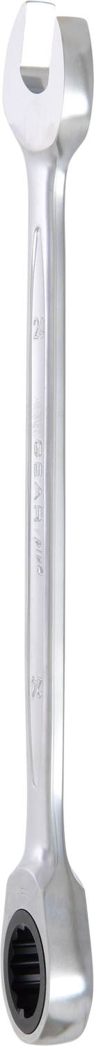 Ein silberner Doppelringschlüssel, aufrecht stehend. Beide Enden haben unterschiedliche Größe, passend für verschiedene Schrauben.