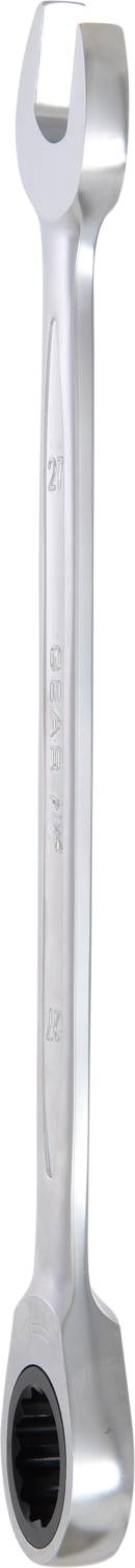 Ein silberner Schraubenschlüssel mit einem offenen und einem Ringschlüsselende, vertikal ausgerichtet vor weißem Hintergrund.