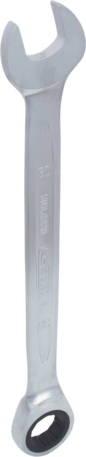 Ein silberner Schraubenschlüssel mit einer offenen und einer Ringschlüssel-Seite, auf einer weißen Hintergrund.