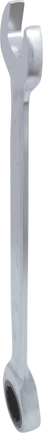 Ein silberner Ringschlüssel mit einem offenen und einem geschlossenen Ende, zum Festziehen und Lösen von Schrauben und Muttern.