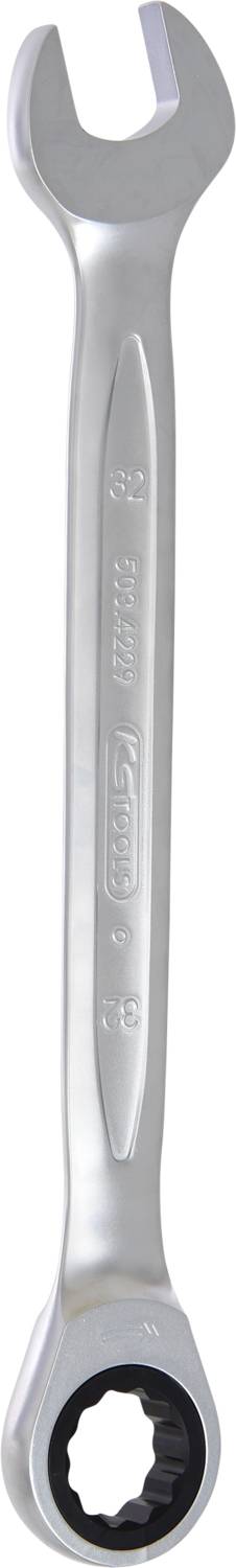 Ein silberfarbener Ringschlüssel mit einer offenen und einer geschlossenen Seite, geeignet für verschiedene Schraubengrößen.