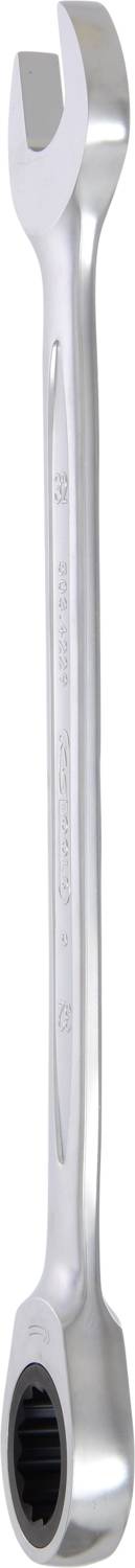 Ein silberner Ringschlüssel mit offener und geschlossener Seite, der zur Montage und Demontage von Schrauben und Muttern verwendet wird.