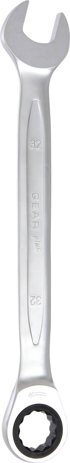 Ein silberner Ringschlüssel mit Ratschenfunktion, an einem Ende offen und am anderen Ende geschlossen. Größe 8 und 10 mm sind angegeben.