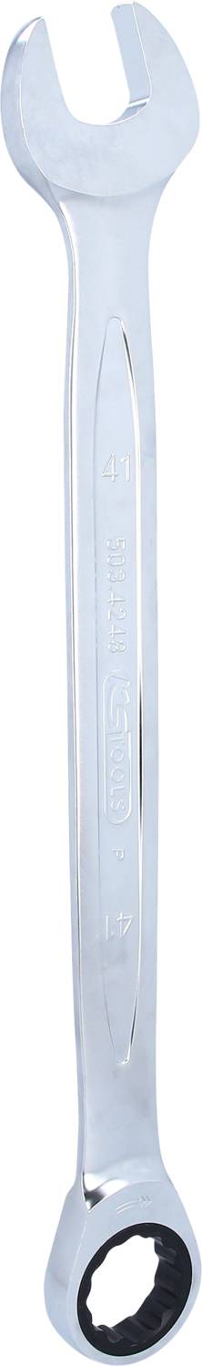 Ein silberner Maulschlüssel mit Schraubenschlüssel. Oben offener Maulschlüssel, unten Ringschlüssel mit Innenverzahnung. Gekennzeichnet mit '19'.