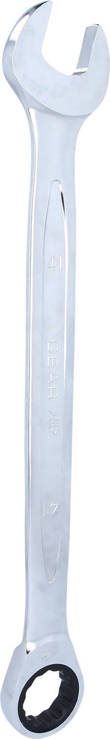 Ein Schraubenschlüssel mit einem offenen Ende und einem Ringschlüssel am anderen Ende, aus glänzendem Metall.