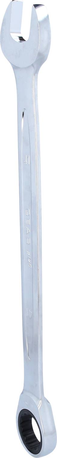 Ein silberner Maulschlüssel mit offenem und ringförmigem Ende, verwendet zum Festziehen oder Lösen von Sechskantmuttern und -schrauben.