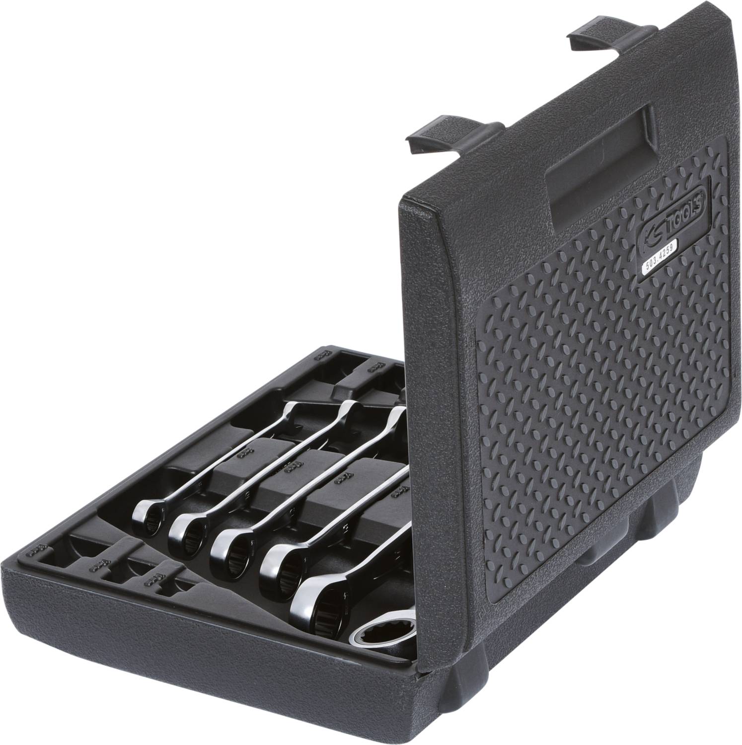 Schwarzer Werkzeugkoffer mit offenem Deckel, zeigt vier silberne Schraubenschlüssel in unterschiedlicher Größe, ordentlich angeordnet.