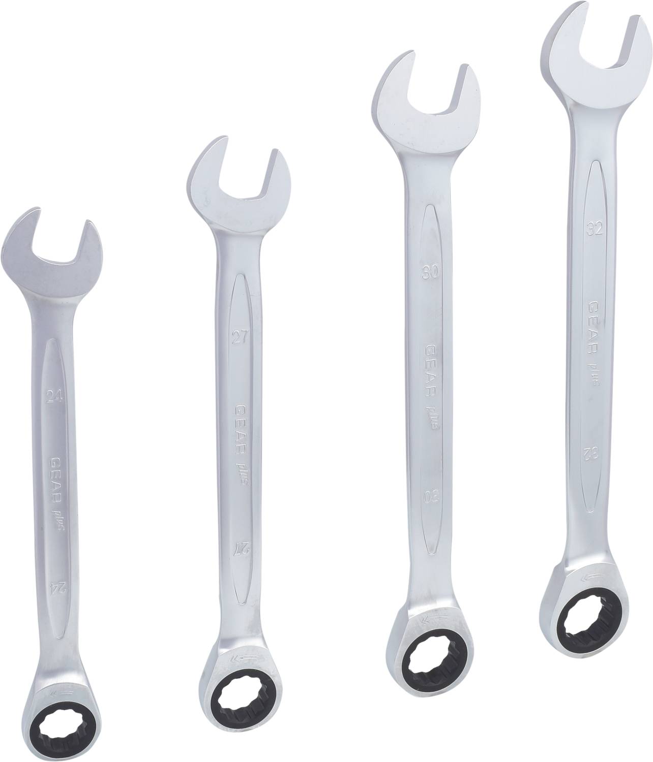 Vier silberne Schraubenschlüssel in verschiedenen Größen, ausgerichtet in einer Reihe. Jeder Schlüssel hat einen geschlossenen und einen offenen Kopf.