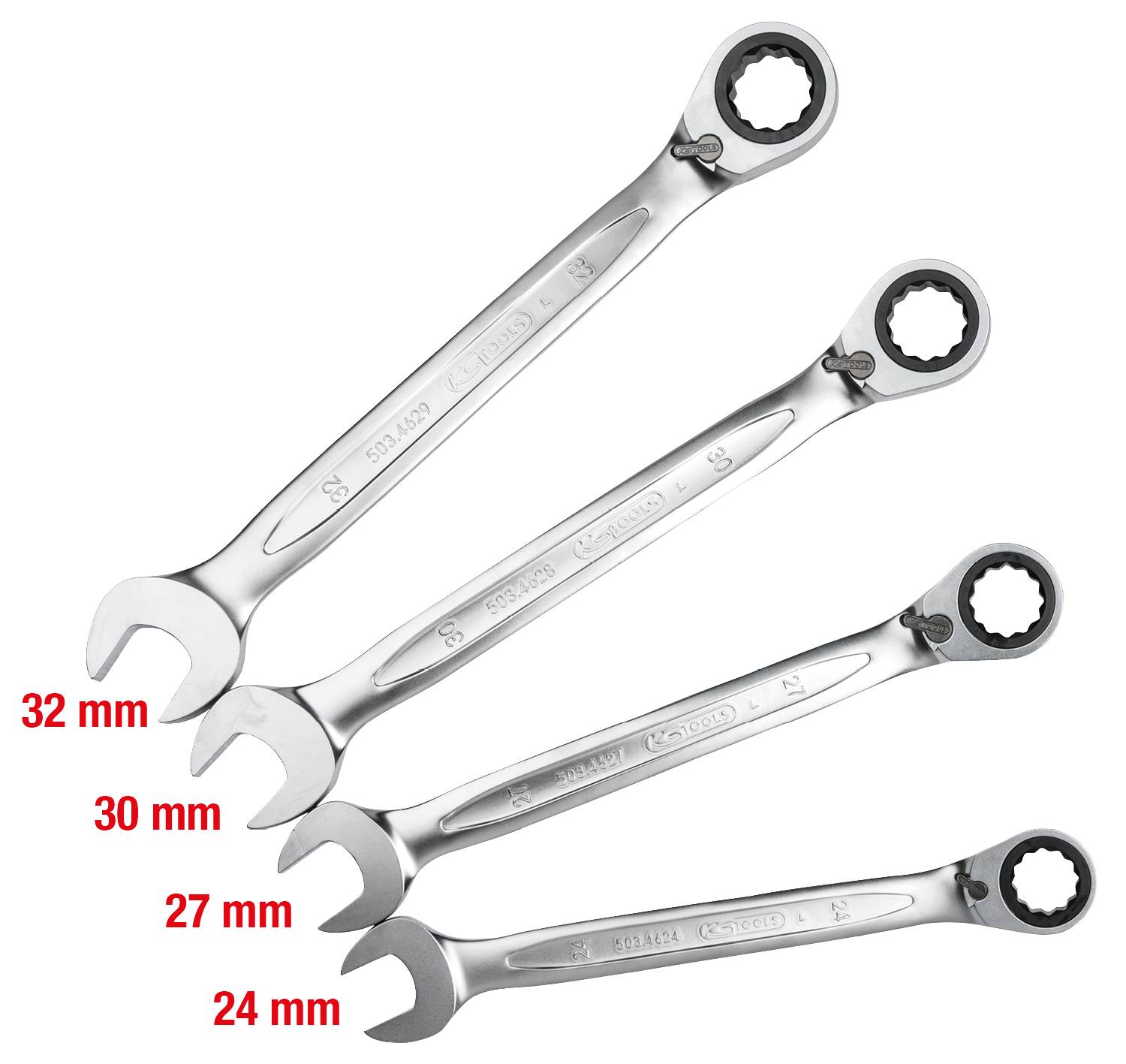 Vier Ringschlüssel in verschiedenen Größen (32 mm, 30 mm, 27 mm, 24 mm) übereinander angeordnet.