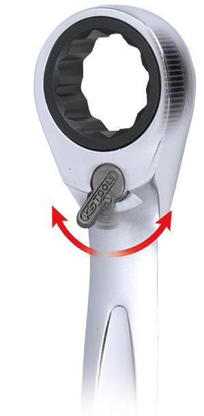 Ratschenschlüssel mit einem verstellbaren Schalter zur Richtungsänderung, dargestellt durch einen roten Doppelpfeil.