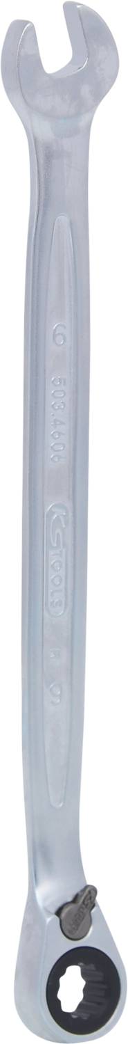 Ein silberner Ringschlüssel mit Ratschenfunktion, geeignet zum Lösen und Festziehen von Schrauben und Muttern.