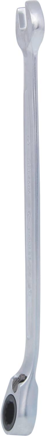 Ein silberner Ringschlüssel mit einem offenen und einem geschlossenen Ende; beide Enden sind abgewinkelt.