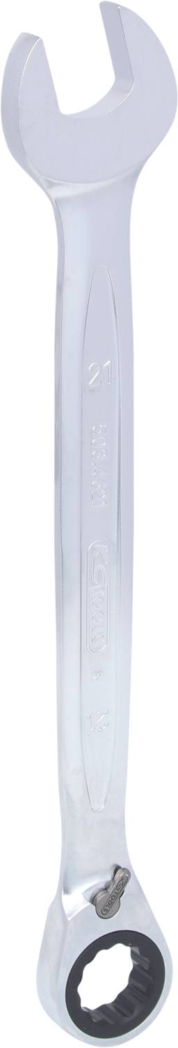 Ein silberner Schraubenschlüssel mit offenen und Ratschenring-Enden, geeignet für verschiedene technische und handwerkliche Arbeiten.