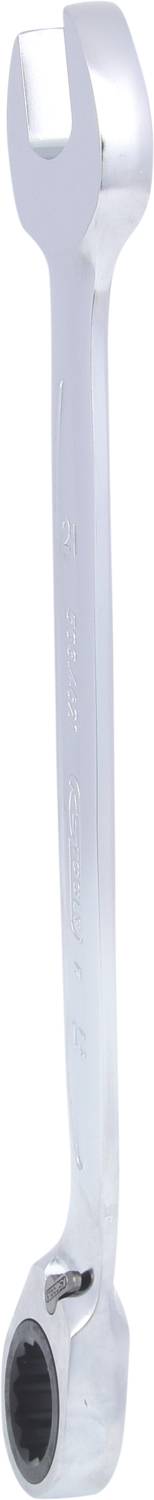 Ein silberner Ringschlüssel mit einem offenen Maul an einem Ende und einem geschlossenen Ring am anderen. Hauptwerkzeugansicht.