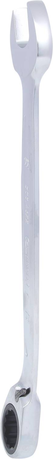 Ein silberner Ringschlüssel mit einer offenen und einer ringförmigen Seite, geeignet zum Lösen oder Anziehen von Schraubmuttern oder Bolzen.